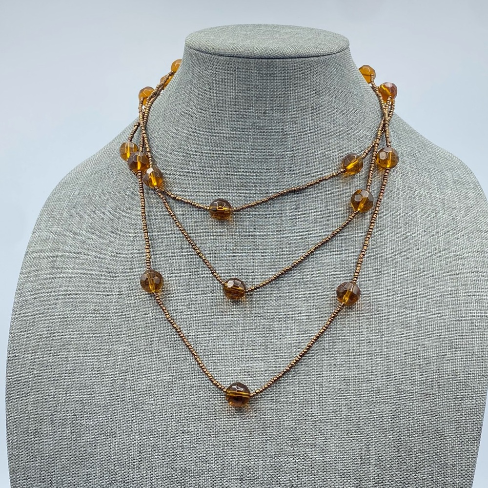 Boho Brown Amber Glass Faceted Bead Long Necklace Metallic Bronze Seed Beaded